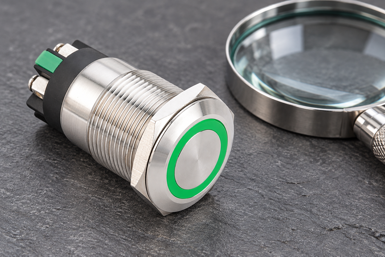 Reference-based illustration of a stainless ring-lit push button beside an inspection magnifying lens