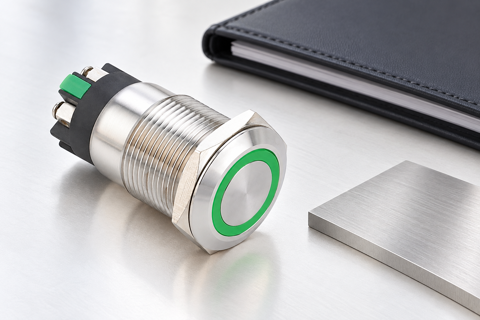 Reference-based illustration of a stainless ring-lit push button beside a separate metal coupon and report folder