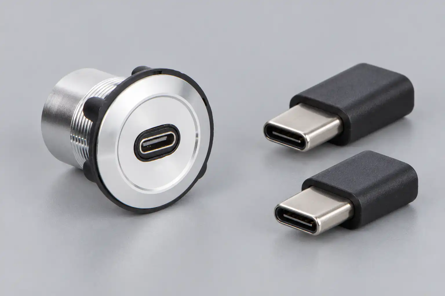 USB-C panel connector beside two disconnected USB-C plugs